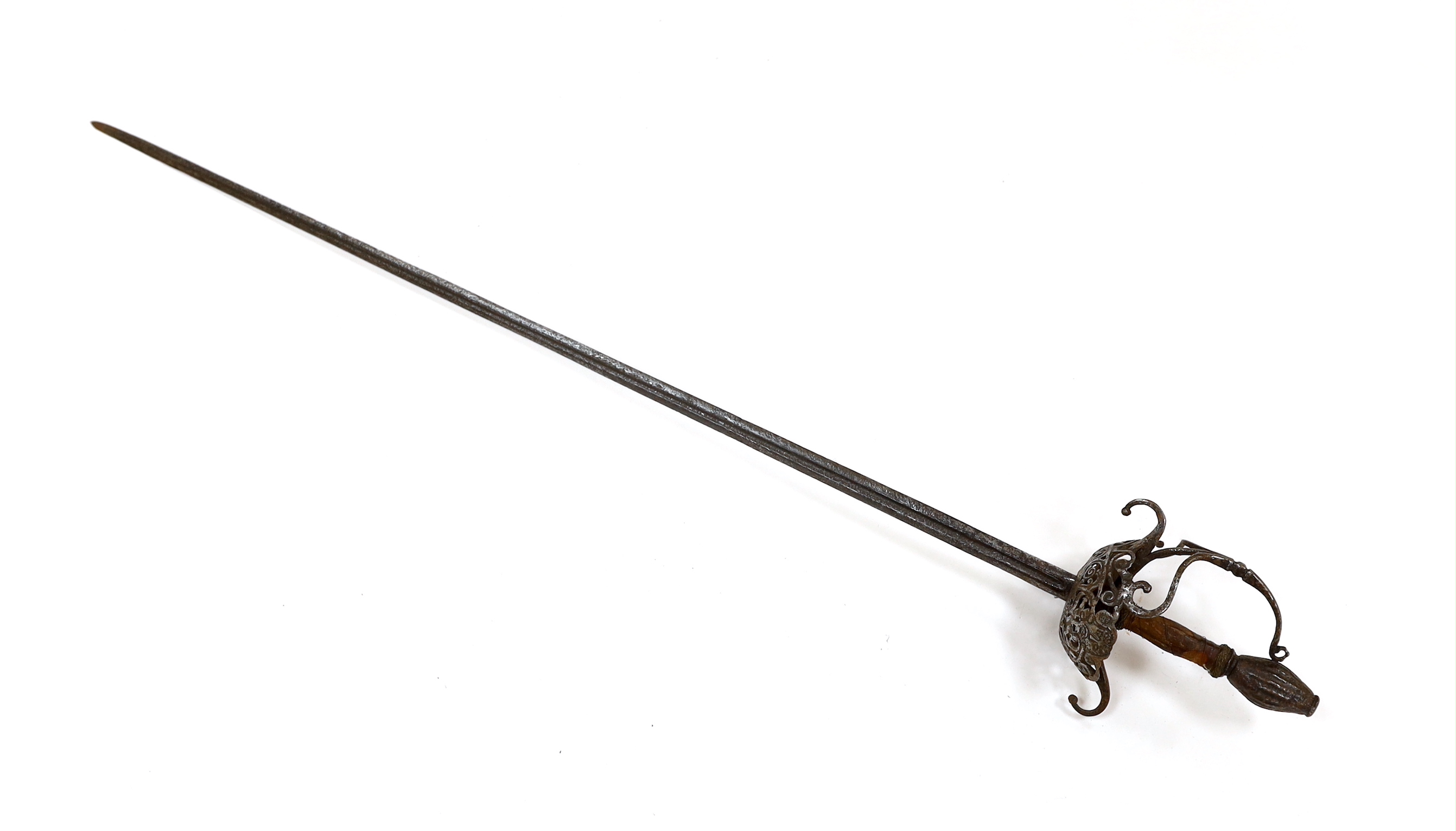 A mid 17th century English rapier, with pierced and chiselled cup guard, steel pommel and leather grip, blade 81cm